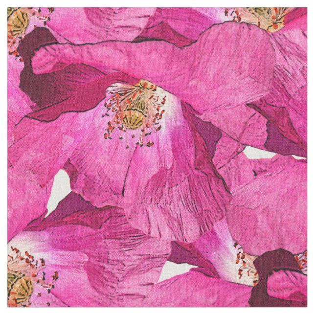 Tela Amapolas florales patrón rosa. (De cerca)
