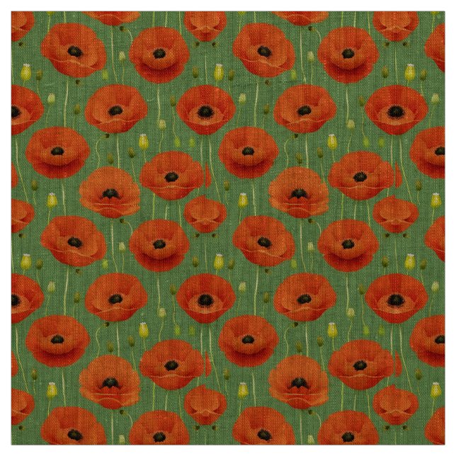 Tela Amapolas Rojas Vibrantes Patrón en un Fondo Verde (Retal)