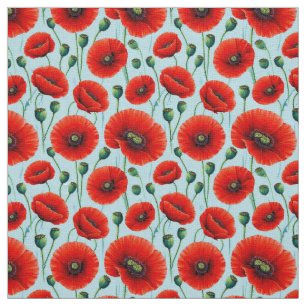Tela Amapolas Rojas Vibrantes sobre un Fondo Azul Claro