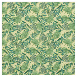 Tela amarilla con estampado tropical de hojas de p