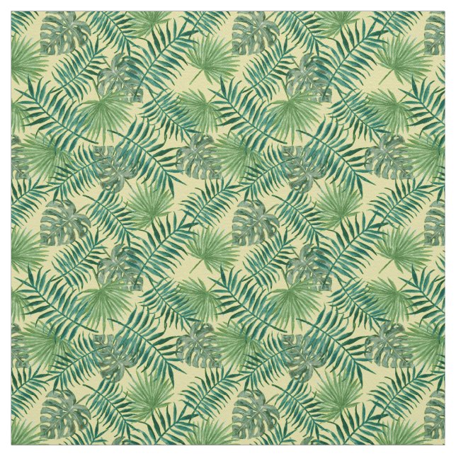 Tela amarilla con estampado tropical de hojas de p (Retal)