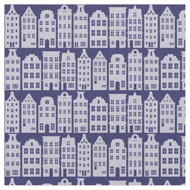 Tela Ámsterdam Channel Row Houses Cobalt Blue Pattern (De cerca)