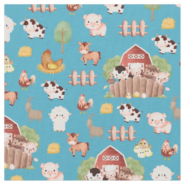 Tela Animales de granja en Aqua Blue (De cerca)