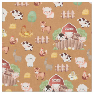 Tela Animales de granja en Caramel Brown
