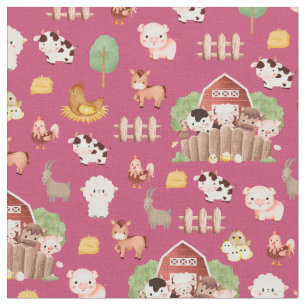 Tela Animales de granja en rosa oscuro