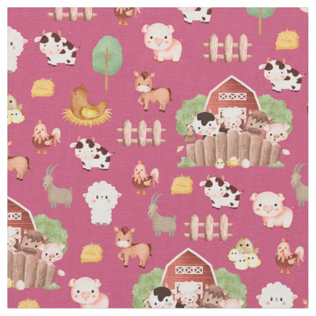 Tela Animales de granja en rosa oscuro (De cerca)