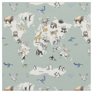 Tela animales del mundo mapa de guardería - menta