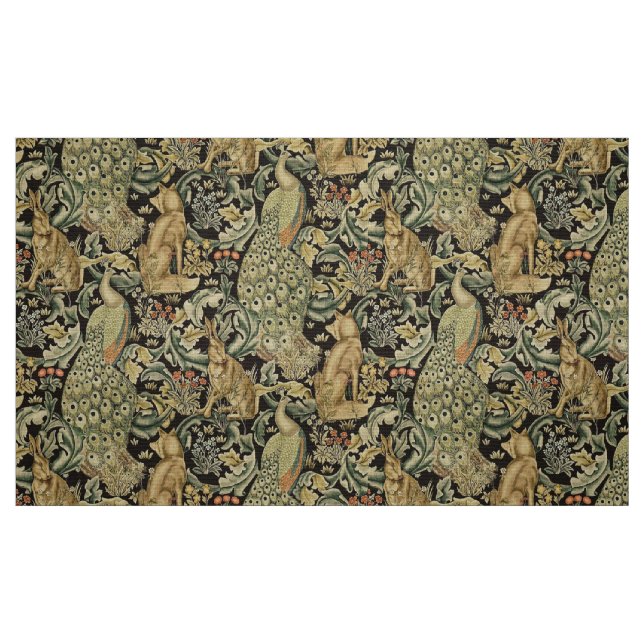 TELA ANIMALES FORESTALES, FOX, PEACOCK, HARE VERDE FLOR ("Cuarto gordo" (fat quarter))