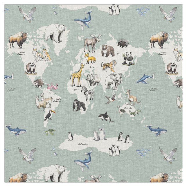 Tela animals of the world nursery map - mint  (De cerca)
