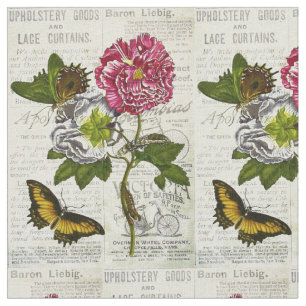 Tela Anuncios de periódicos antiguos y mariposas y flor