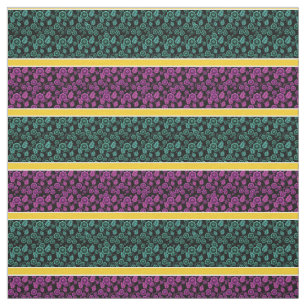 Tela Aqua/rosa floral-dorado/franja blanca - negro