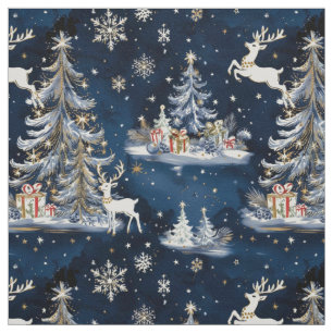 Tela Árboles de Navidad, renos y copos de nieve