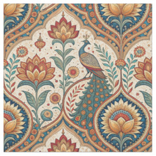 Tela Arte de hermoso pavo real y patrón floral indio