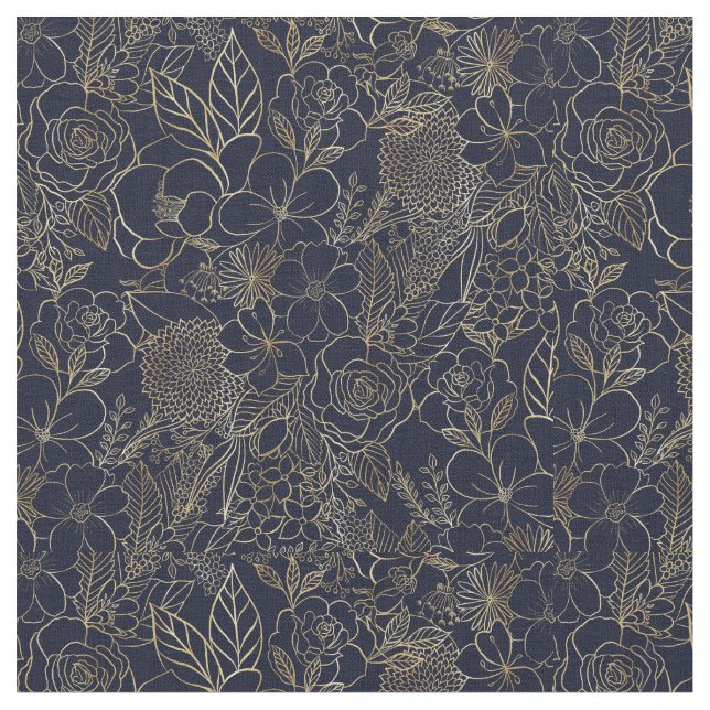 Tela Arte de la línea de Doodles Blue Floral Gold Moder (De cerca)