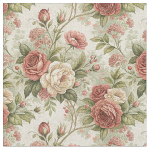 Tela Arte de patrón botánico floral rosa y crema vintag