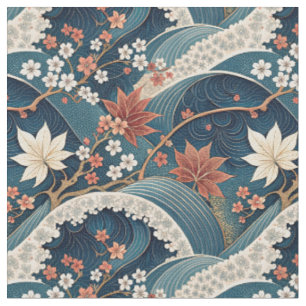 Tela Arte de patrón floral de onda japonesa y flor de c