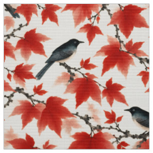 Tela Arte japonés de otoño arce y pájaros
