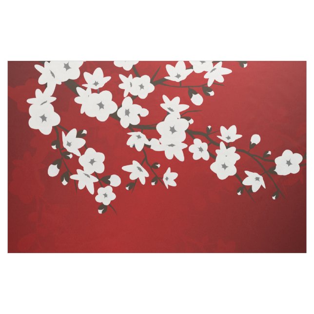 Tela Asia Floral White Cherry Blossom Red (Yarda)