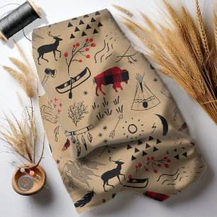 Tela Aventuras de búfalo de plástico negro y rojo/Kraft