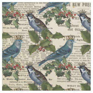 Tela Aves azules vintage y Navidades Holly Berries