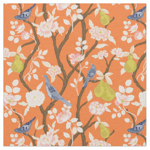 Tela Aves Chinoiserie naranja y azul