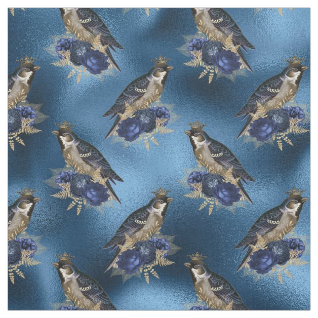 Tela Aves coronadas con flores azules (Retal)