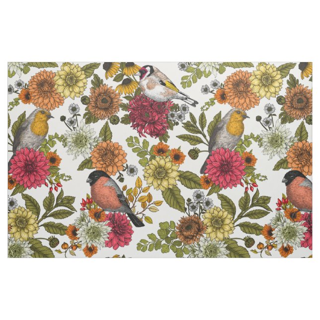 Tela Aves de jardín y flores 1 ("Cuarto gordo" (fat quarter))
