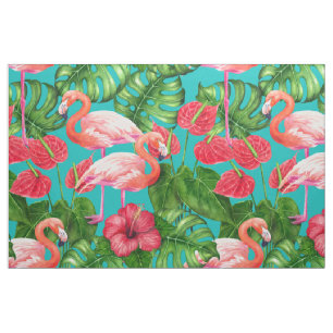 Tela Aves flamencas y acuarela de jardines tropicales
