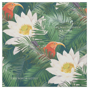 Tela Aves tropicales del Lotus blanco y patrón de Lotus