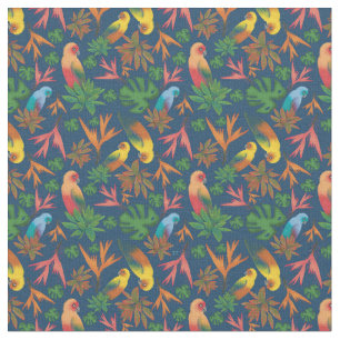 Tela Aves Tropicales Patrón Floral Azul