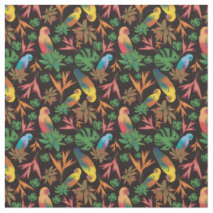 Tela Aves tropicales Patrón floral negro