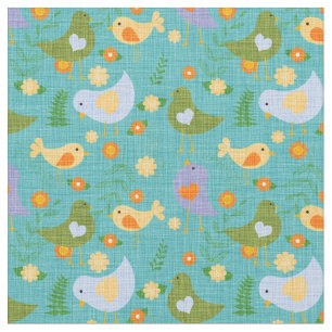 Tela Aves y flores en el tejido de Aqua