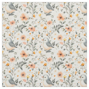 Tela Aves y flores ilustradas en blanco roto