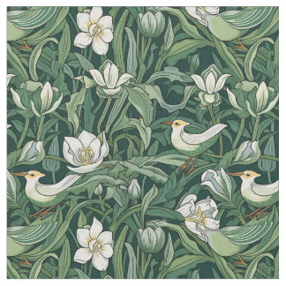 Tela Aves y tulipanes Art Nouveau verde