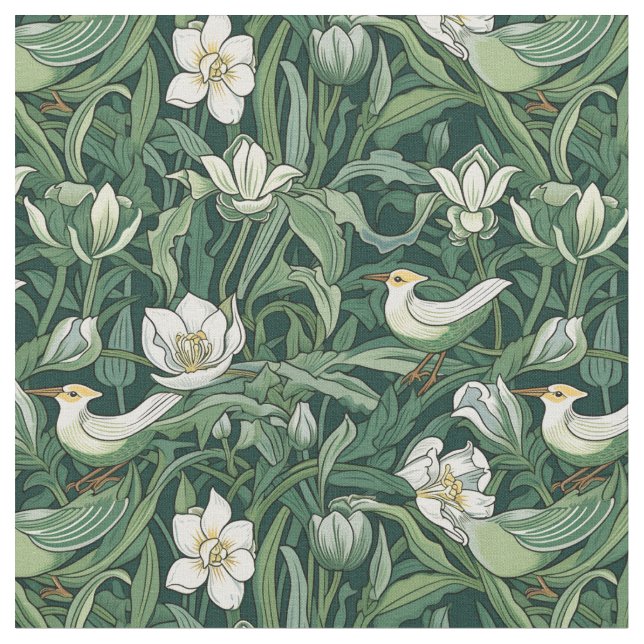 Tela Aves y tulipanes Art Nouveau verde (De cerca)