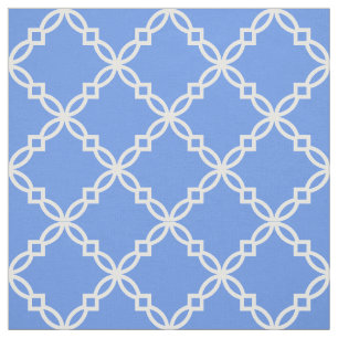 Tela Azul de Cornflower, blanca Fancy, quatrefoil marro