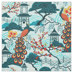 Tela azul del Chinoiserie del pavo real