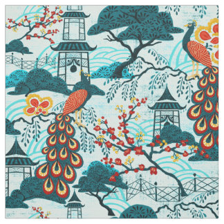Tela azul del Chinoiserie del pavo real