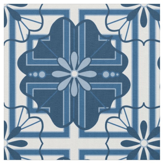 Tela Azul geométrico floral (De cerca)