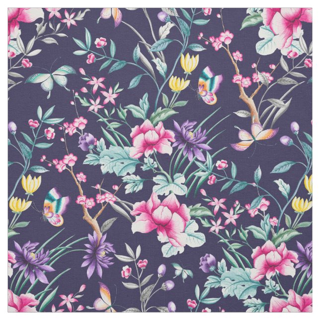 Tela Azul mariposa arcoiris de flores de época (Retal)