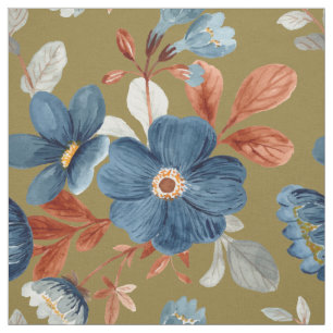 Tela Azul Óxido Naranja Quemada Floral Verde Oliva
