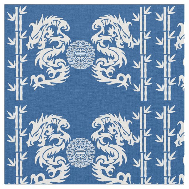 Tela Azul profundo con los dragones y el bambú (De cerca)