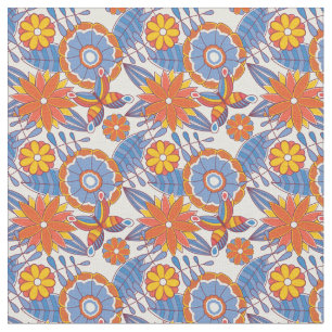 Tela Azul retro y floral Naranja