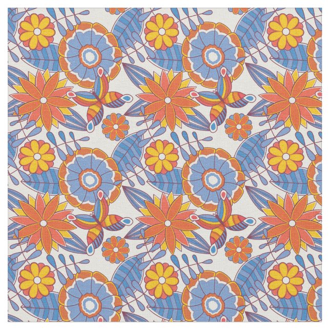 Tela Azul retro y floral Naranja (De cerca)