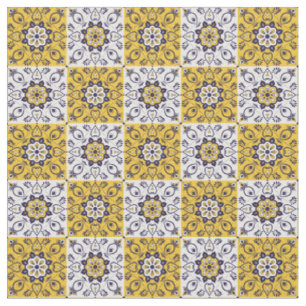Tela Azulejo Floral Amarillo y Azul Mediterráneo
