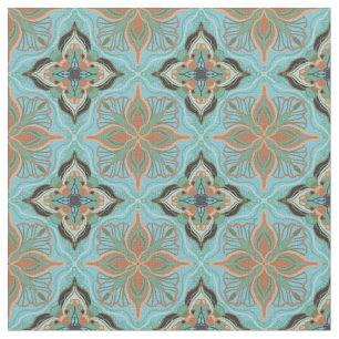 Tela Azulejos florales azul marroquí acuarela