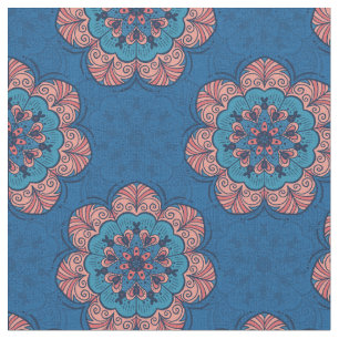 Tela Azulejos florales de Mandala en azul y rosa