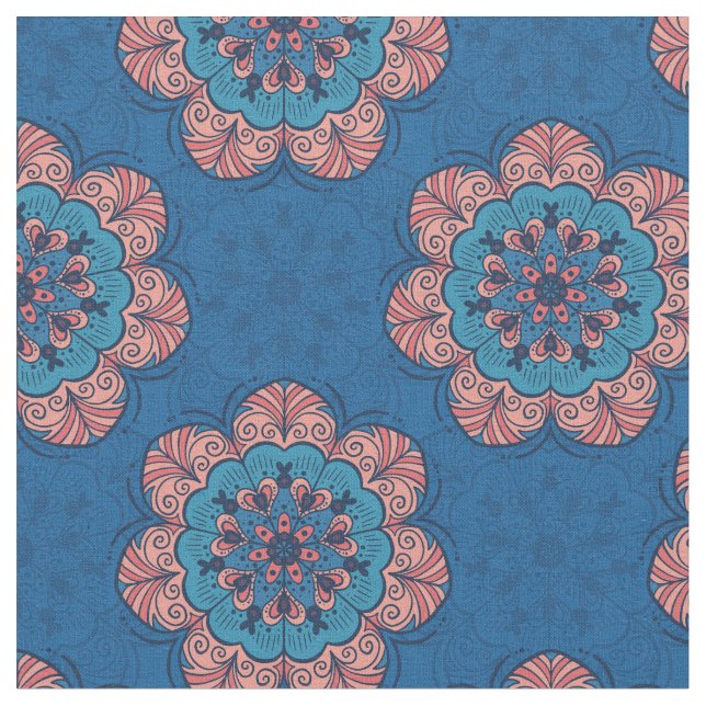 Tela Azulejos florales de Mandala en azul y rosa (De cerca)