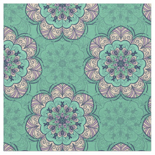 Tela Azulejos florales de Mandala en Mint & Lavender