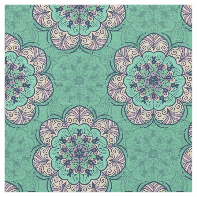 Tela Azulejos florales de Mandala en Mint & Lavender (De cerca)